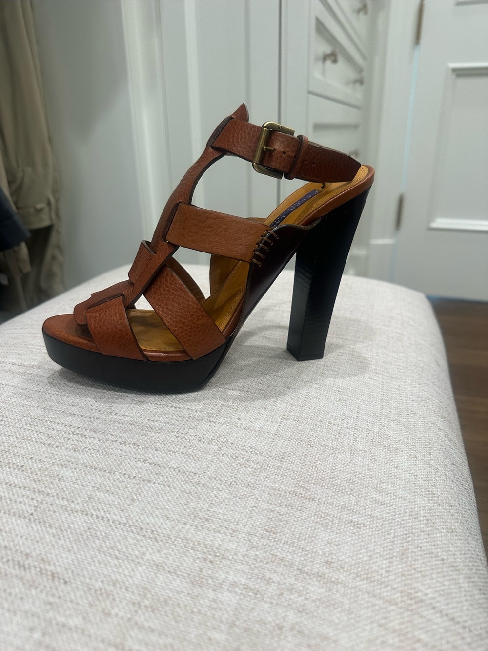 Ralph Lauren Brown Leather Platform High Heel Sandal